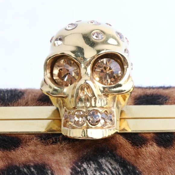 Alexander McQueen Box Leopard Print Calf Hair Skull Multicolor Leather Clutch - Picture 10 of 11